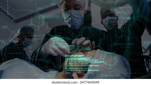 Image of data processing over diverse surgeons during surgery. Global medicine and digital interface concept, digitally generated image.