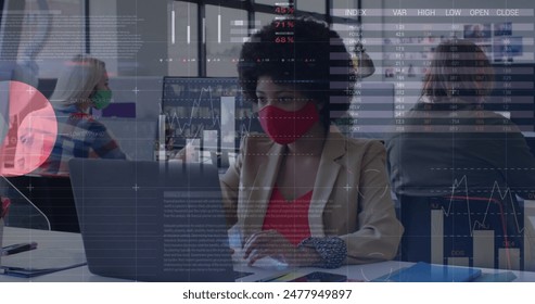 Image of data processing over diverse business people with face masks in office. Global business and digital interface concept digitally generated image.