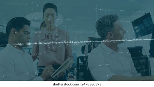 Image of data processing over diverse male and female colleagues discussing at office. Business data technology concept