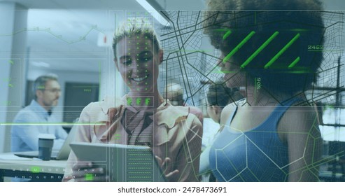 Image of data processing over diverse business people using computer. Global communication network concept digitally generated image.