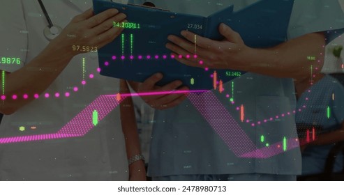 Image of data processing over diverse doctors. Global medicine, connections, computing and data processing concept digitally generated image.