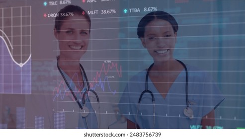 Image of data processing over diverse female doctors talking. Global medicine, computing and data processing concept digitally generated image.