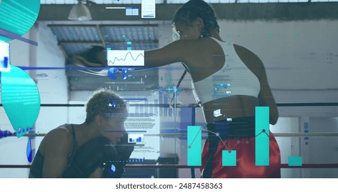 Image of data processing over diverse people boxing at gym. Global sport, computing and digital interface concept digitally generated image. - Powered by Shutterstock