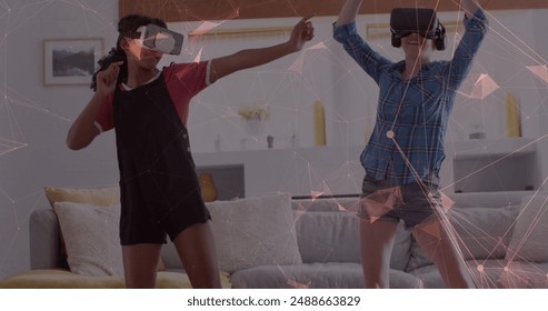 Image of data processing over diverse women using vr headsets. Global artificial intelligence, connections, computing and data processing concept digitally generated image.