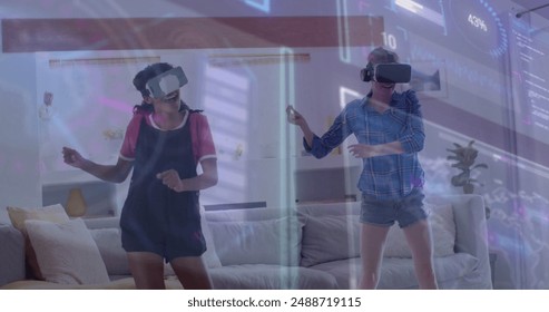 Image of data processing over diverse women using vr headsets. Global artificial intelligence, connections, computing and data processing concept digitally generated image.