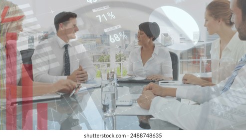 Image of data processing over diverse business people at meeting. Global business and digital interface concept digitally generated image.