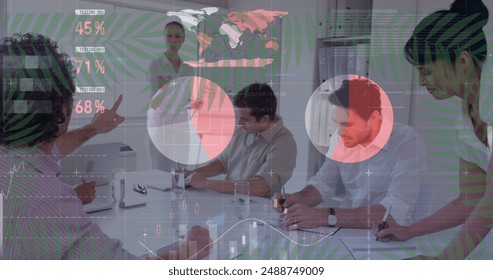 Image of data processing over diverse business people at meeting. Global business and digital interface concept digitally generated image.