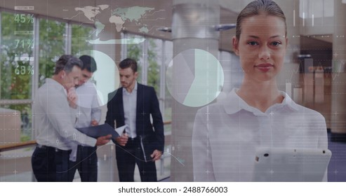 Image of data processing over diverse business people talking. Global business and digital interface concept digitally generated image.