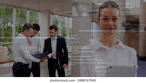 Image of data processing over diverse business people at office. Global business, computing and digital interface concept digitally generated image.