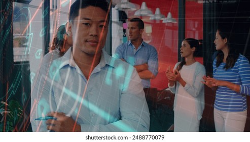 Image of data processing over diverse business people talking. Global business and digital interface concept digitally generated image.