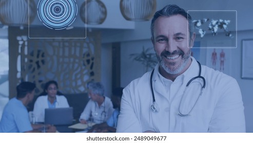 Image of data processing over diverse doctors smiling. Global medicine and digital interface concept digitally generated image. - Powered by Shutterstock - Get 15% off with code: PIKWIZARD15