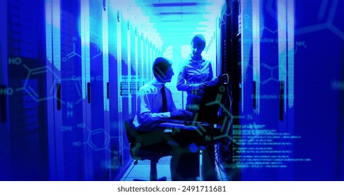Image of data processing over diverse it technicians by computer servers. Global computing, digital interface and data processing concept digitally generated image.