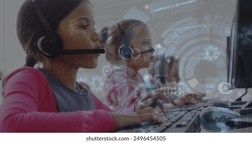 Image of data processing over diverse kids wearing phone headset using computer at school. School and education technology concept