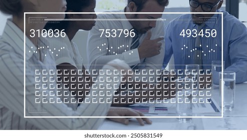 Image of data processing over diverse business people in office. Global finance, business, connections, computing and data processing concept digitally generated image.