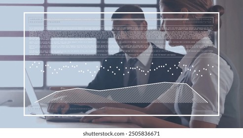 Image of data processing over diverse business people in office. Global finance, business, connections, computing and data processing concept digitally generated image.