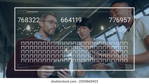 Image of data processing over diverse business people in office. Global finance, business, connections, computing and data processing concept digitally generated image.