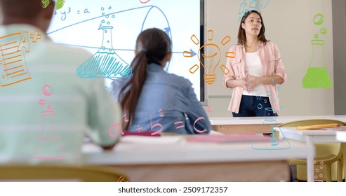 Image of data processing over diverse students at school. Global artificial intelligence, education, connections, computing and data processing concept digitally generated image.