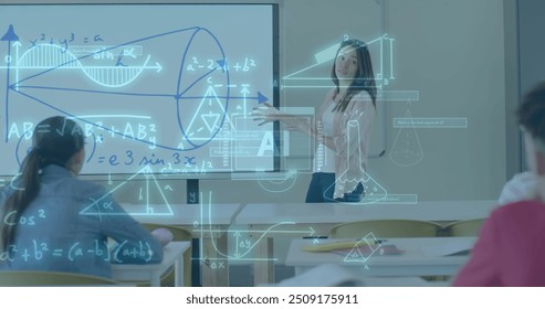 Image of data processing over diverse students at school. Artificial intelligence, education, connections, computing and data processing concept digitally generated image.