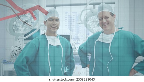 Image of data processing over diverse surgeons. Global medicine, connections, computing and data processing concept digitally generated image.