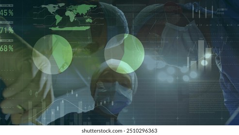 Image of data processing over diverse surgeons. Global medicine, connections, computing and data processing concept digitally generated image.