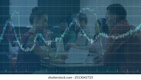 Image of data processing over diverse male and female colleagues discussing at casual meeting. Data, digital interface, teamwork, business, office, and communication, digitally generated image.