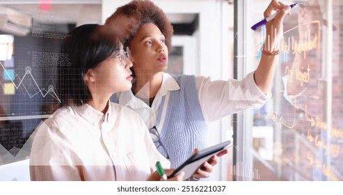 Image of data processing over diverse business people in office. Global finance, business, connections, computing and data processing concept digitally generated image. - Powered by Shutterstock - Get 15% off with code: PIKWIZARD15