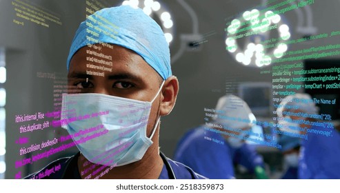Image of data processing over diverse surgeons during operation. Global medicine and digital interface concept digitally generated image.
