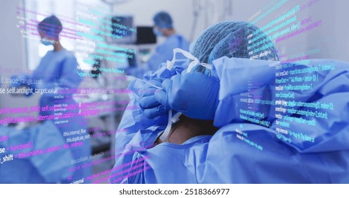 Image of data processing over diverse surgeons during operation. Global medicine and digital interface concept digitally generated image.