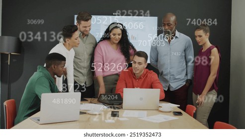 Image of data processing over diverse business people discussing work. Global business, technology and digital interface concept digitally generated image.