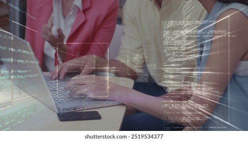 Image of data processing over diverse business people in office. Global finance, business, connections, computing and data processing concept digitally generated image.