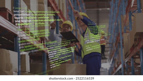 Image of data processing over diverse male workers in warehouse. Global delivery, shipping and digital interface concept digitally generated image.