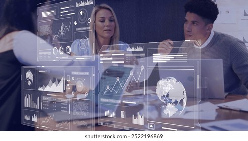 Image of data processing over diverse business people in office. Global finance, business, connections, computing and data processing concept digitally generated image.