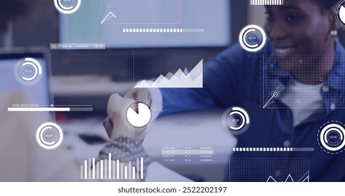 Image of data processing over diverse business people in office. Global finance, business, connections, computing and data processing concept digitally generated image.
