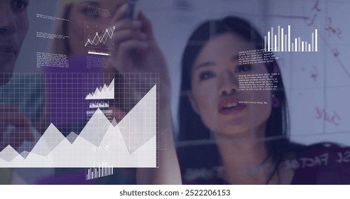 Image of data processing over diverse business people in office. Global finance, business, connections, computing and data processing concept digitally generated image.