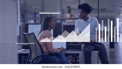 Image of data processing over diverse business people in office. Global finance, business, connections, computing and data processing concept digitally generated image.