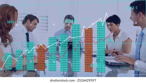 Image of data processing over diverse business people in office. Global computing, digital interface and data processing concept digitally generated image.
