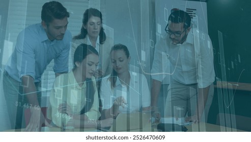 Image of data processing over diverse business people working in office. Global business and digital interface concept digitally generated image.