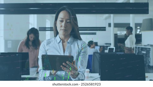 Image of data processing over diverse business people in office. Global business and digital interface concept, digitally generated image.