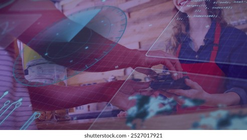 Image of data processing over diverse people paying with smartphone. global finances, computing and digital interface concept digitally generated image.