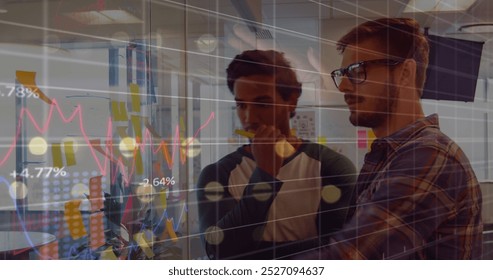 Image of data processing over diverse business people talking. Global business and digital interface concept digitally generated image.