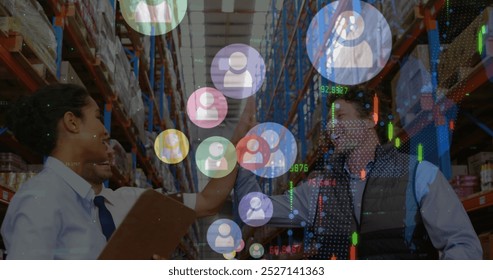 Image of data processing over diverse male and female supervisors high fiving each other. Logistics business and technology concept - Powered by Shutterstock