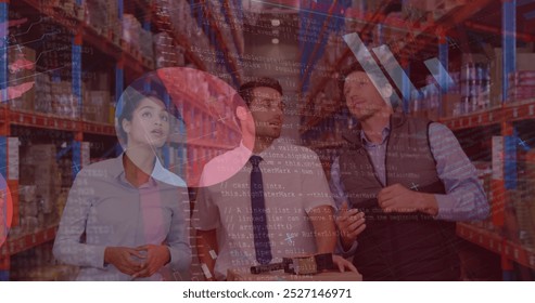 Image of data processing over diverse business people in warehouse. Global shipping, computing and digital interface concept digitally generated image.