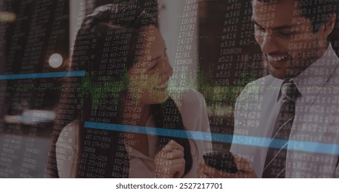 Image of data processing over diverse business people in office. Global business and digital interface concept digitally generated image.