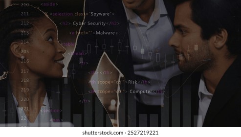 Image of data processing over diverse business people in office. Global business and digital interface concept digitally generated image.