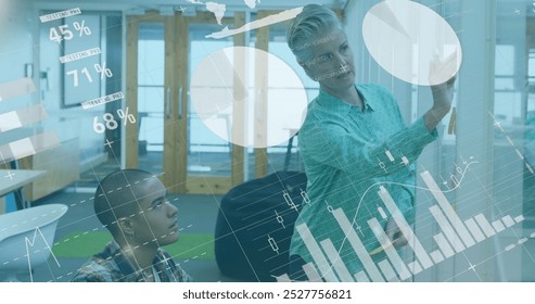 Image of data processing over diverse man and woman discussing over memo notes at office. Computer interface and business data technology concept