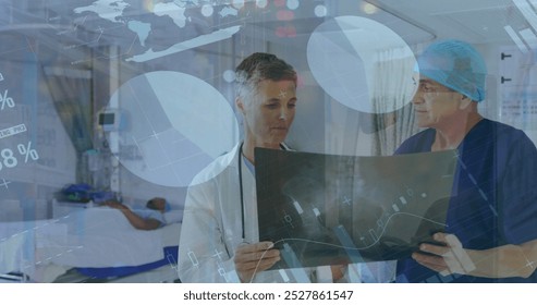 Image of data processing over diverse doctors. Global medicine, connections, computing and data processing concept digitally generated image.