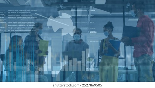 Image of data processing over diverse business people with face masks. global business, finances, connections and digital interface concept digitally generated image.