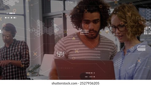 Image of data processing over diverse business people in office. Global business and digital interface concept digitally generated image.