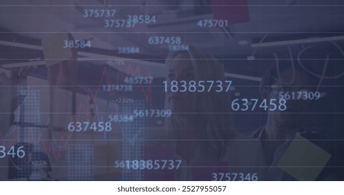 Image of data processing over diverse business people talking. Global business and digital interface concept digitally generated image.