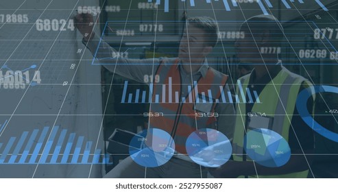 Image of data processing over diverse male workers talking. Global business and digital interface concept digitally generated image.